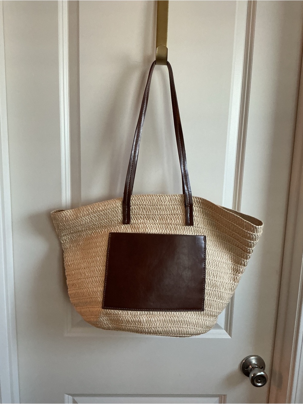 Woven Straw Tote Bag with Brown Faux Leather Pocket and Straps